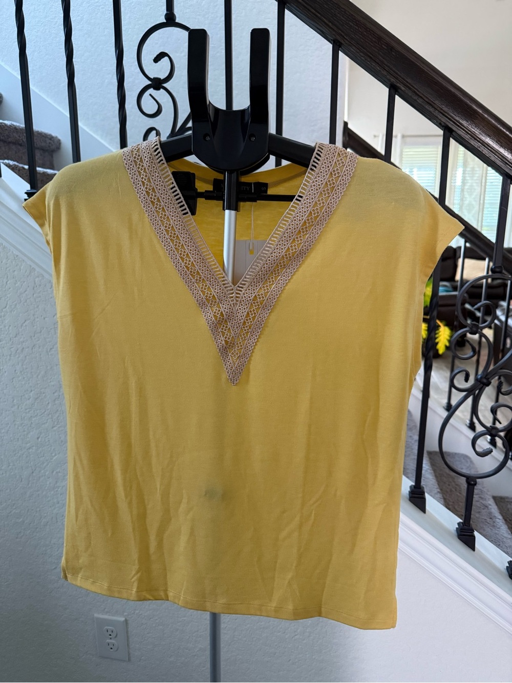 Rich Yellow V-Neck Lace Trim Women's Top